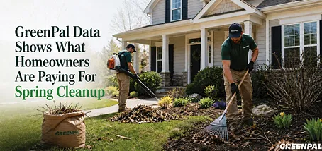 Landscapers performing spring cleanup on a suburban home's yard.