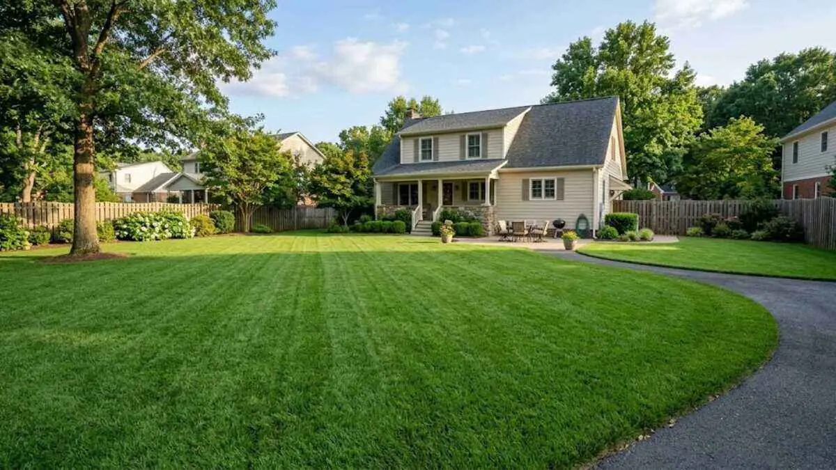 Bright green, well-manicured residential lawn in front of a modern house