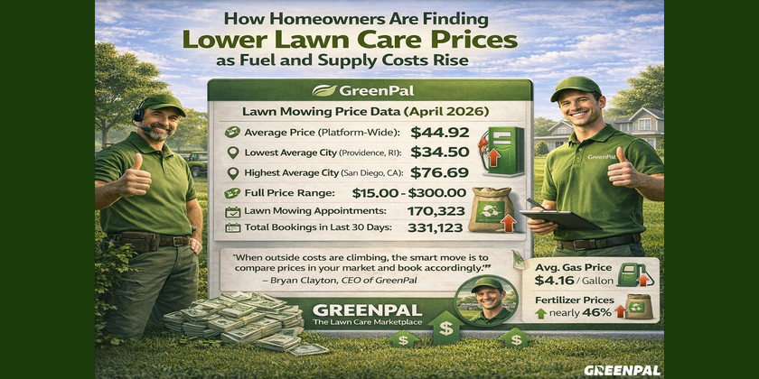Two smiling GreenPal lawn care professionals give thumbs up, surrounded by money, lawn care data, and rising cost indicators.