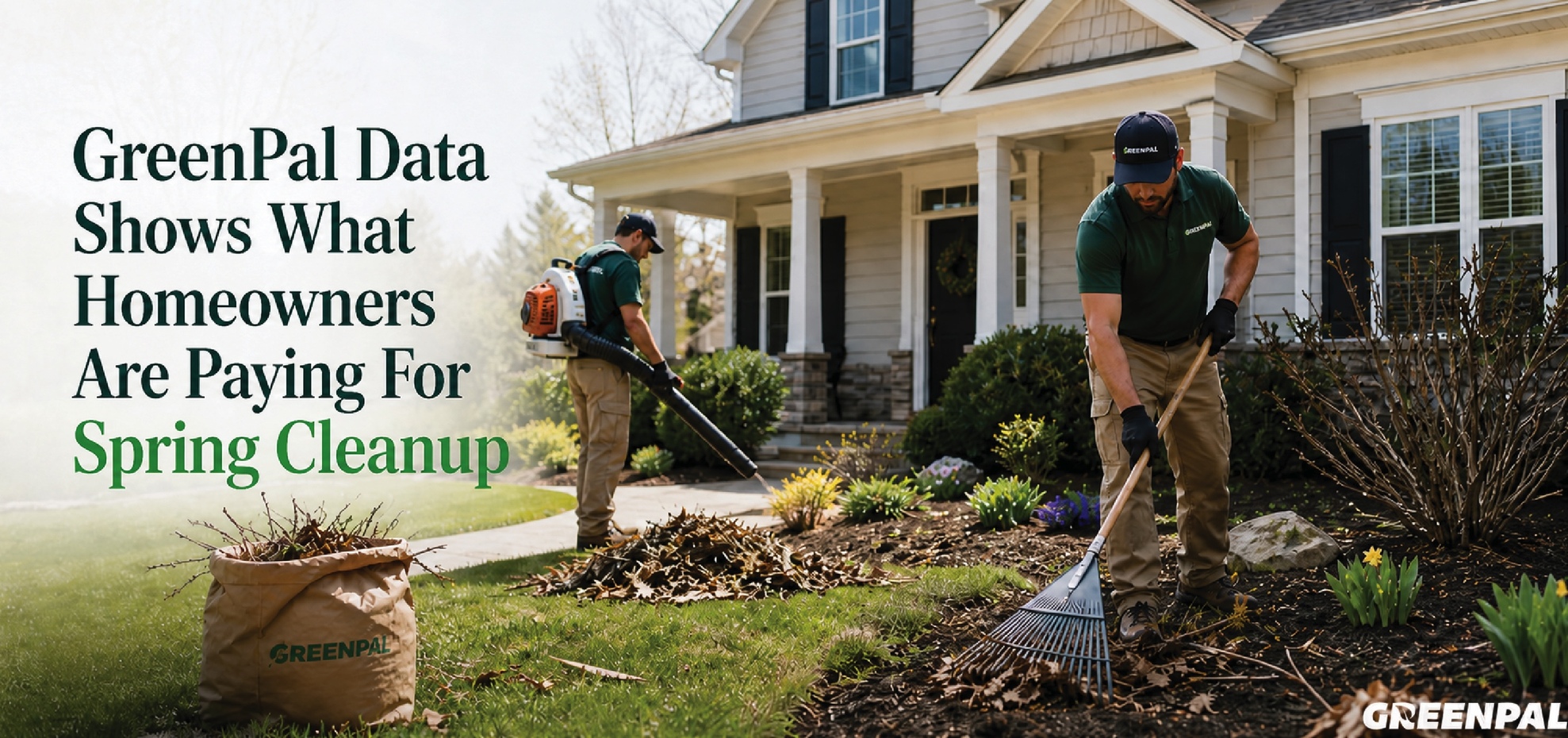 Landscapers performing spring cleanup on a suburban home's yard.