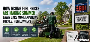 Lawn care worker mowing grass with a trailer of equipment, gas prices at $3.80.