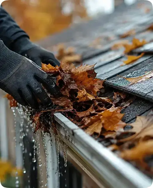 Worker removing wet leaves from a clogged roof gutter in Oceanside, CA