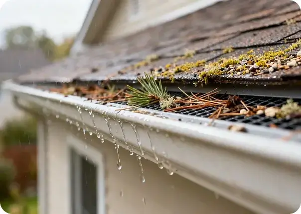 Pine needles, moss, and roof grit built up on top of gutter guards in Oceanside, CA