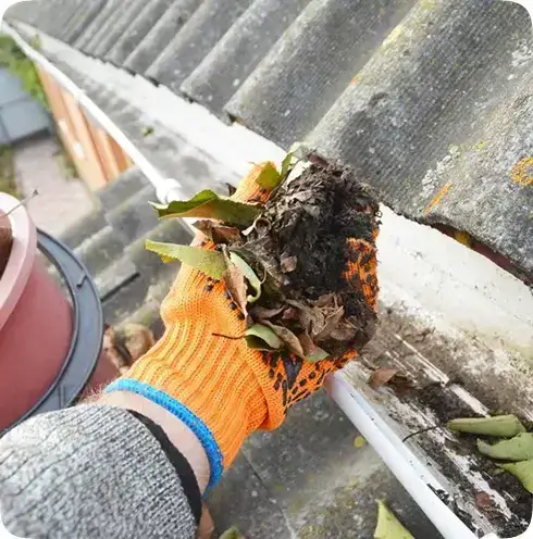 A local pro clearing leaves and debris from a home's gutters in Oceanside, CA