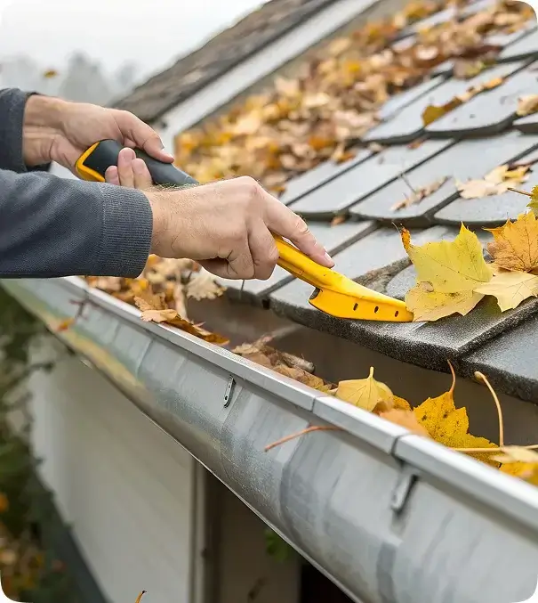 Gutter cleaning pro scooping wet leaves from a roofline gutter in Oceanside, CA