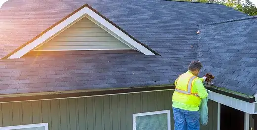 Professional clearing the gutters of a two-story home in Oceanside, CA