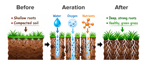 Soil compaction vs aerated lawn roots—diagram showing compacted soil versus healthy grass roots after core aeration and overseeding in Chicago