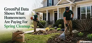 Landscapers performing spring cleanup on a suburban home's yard.