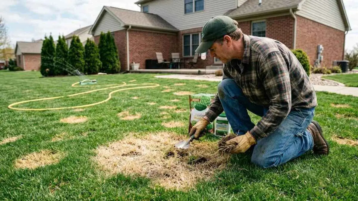 Man in black t-shirt and sunglasses holding a green hose in a residential yard with green grass, flowers, and a white fence