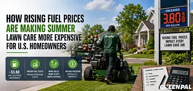 Lawn care worker mowing grass with a trailer of equipment, gas prices at $3.80.